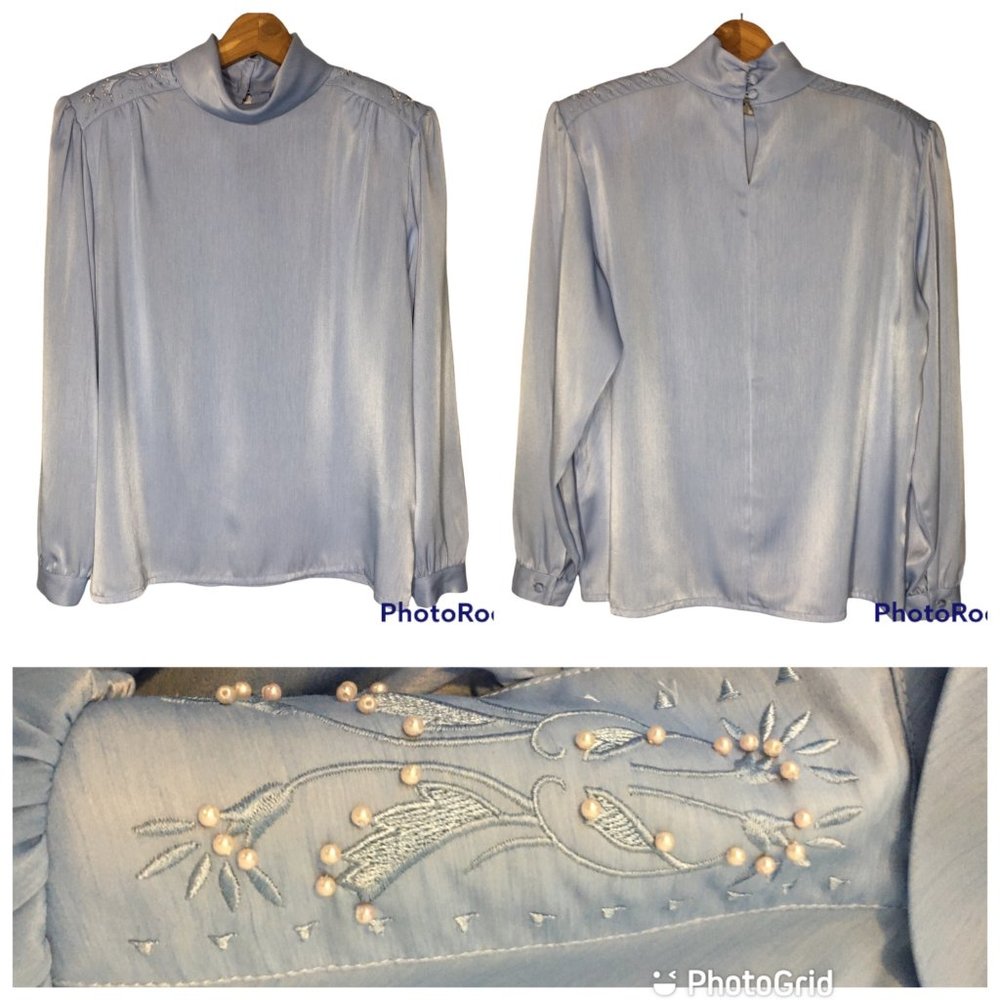 80s Ice Blue High Neck Blouse with Shoulder Pearl Detail, Silver Blue Dynasty